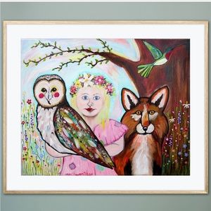 Blossom Fox Owl Art Print Oil Painting Flowers Child Portrait Whimsical Decor